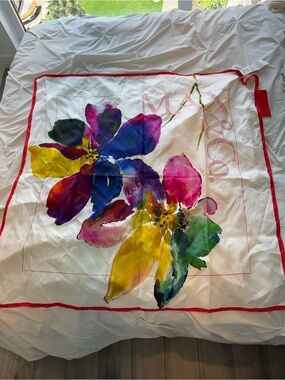 Max & Co. White Silk Scarf with Red Trim and Pink Motif